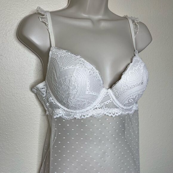 NWOT Jessica Simpson Stretch Mesh Dot Babydoll Cream Floral Lace Women Large - Picture 2 of 15